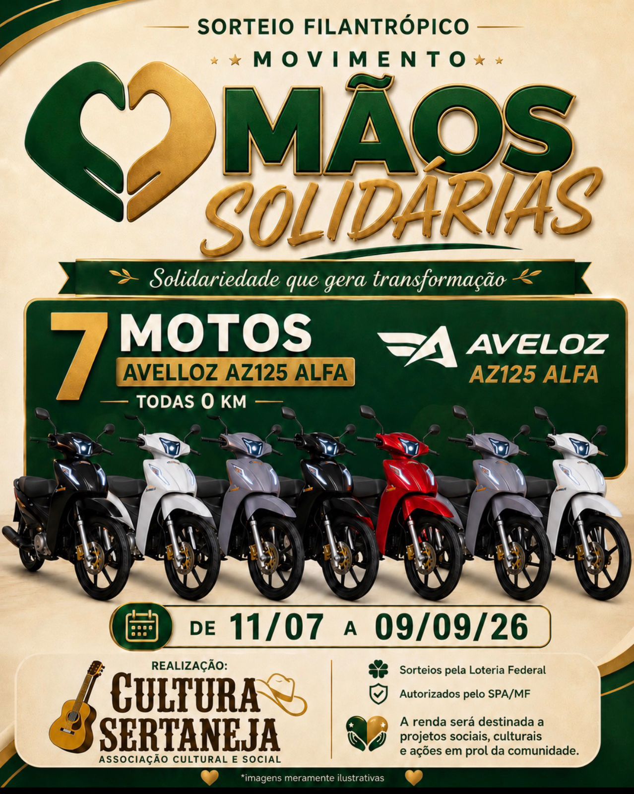 Sorteio Filantrópico Movimento Mãos Solidárias — 7 motos Avelloz AZ125 Alfa, realização Cultura Sertaneja, autorizado pelo SPA/MF e sorteios pela Loteria Federal